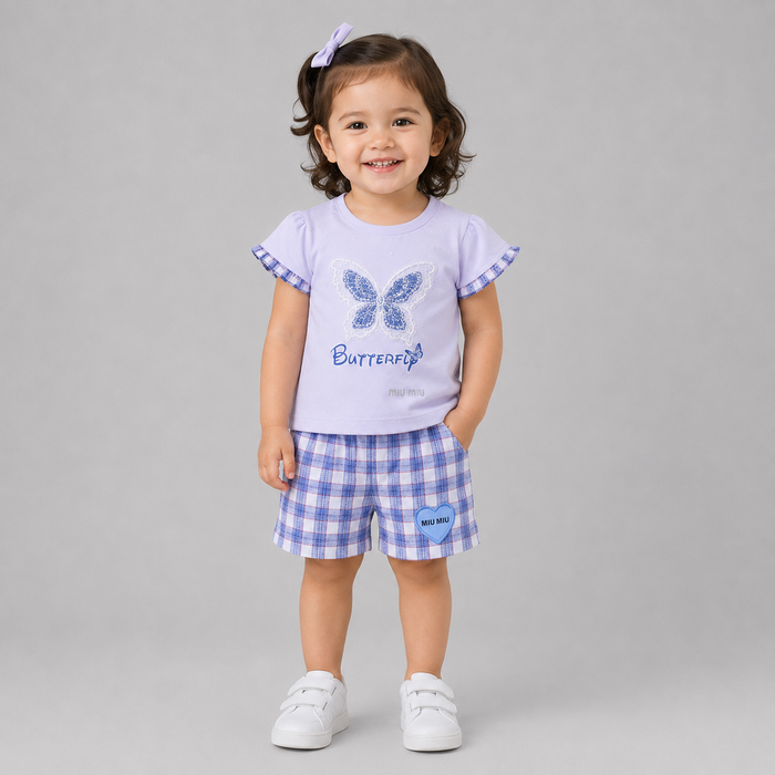 Butterfly Plaid Summer Girls Shorts Set
