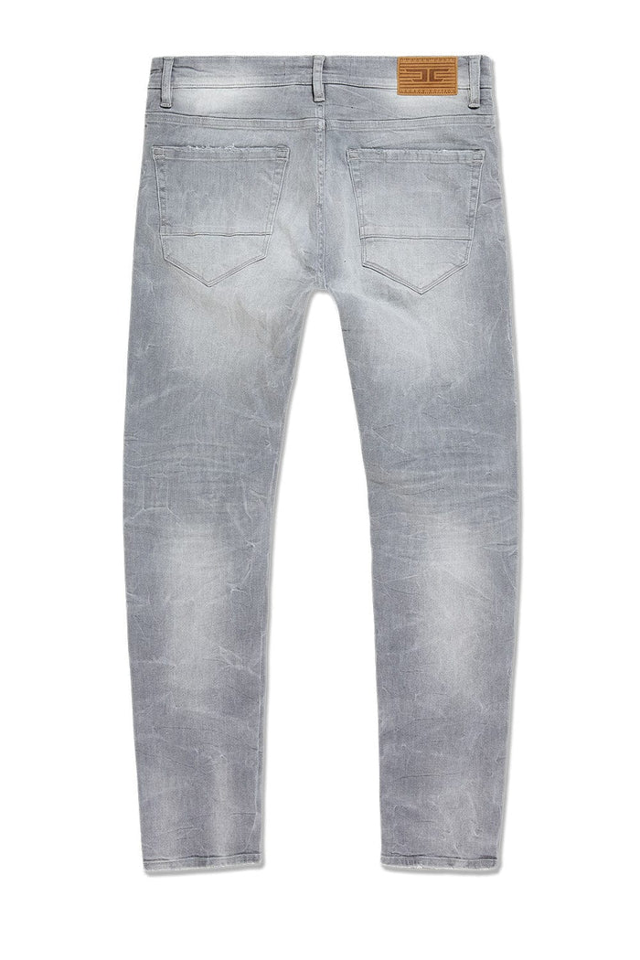 Jordan Craig Collins Rip and Repair denim jeans in cement wash, showcasing distressed style and casual fit.
