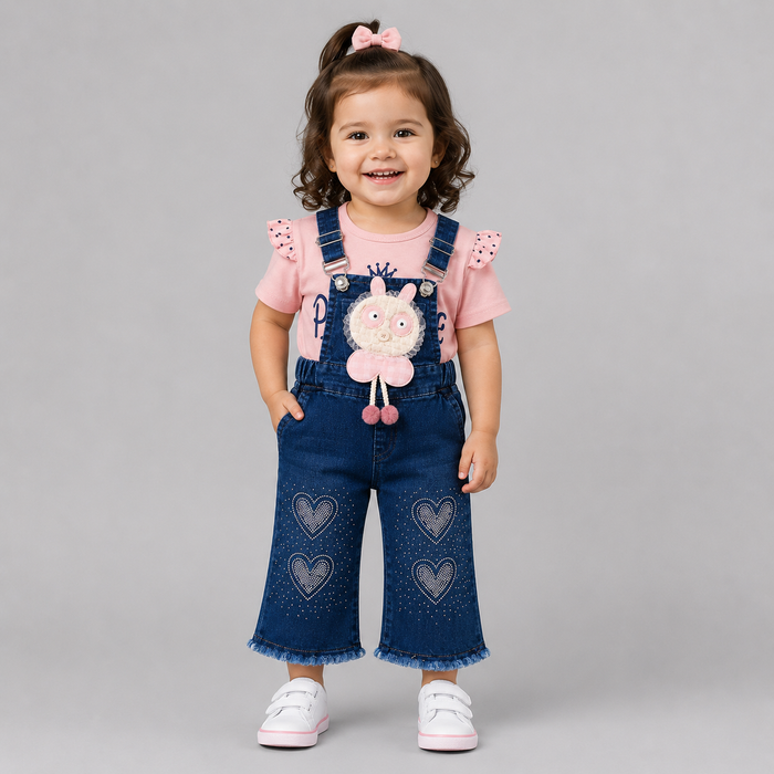 Cute Bear Denim Dungaree Girls Set