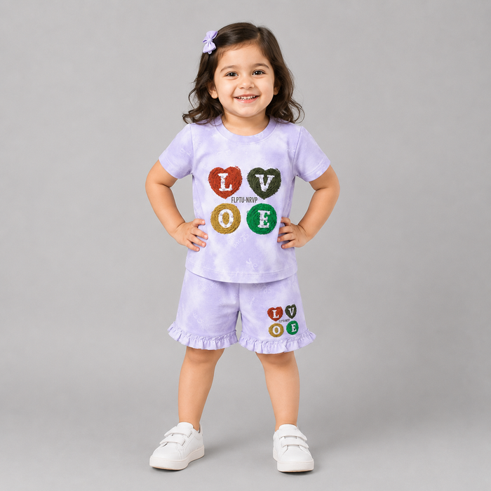 Cute LOVE Printed Girls Co-Ord Set