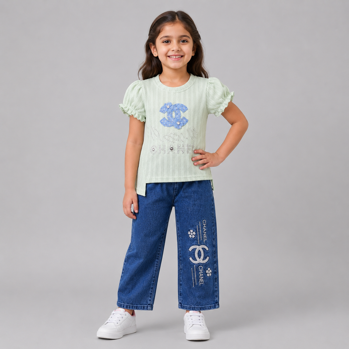 Elegant Floral Denim Girls Fashion Set
