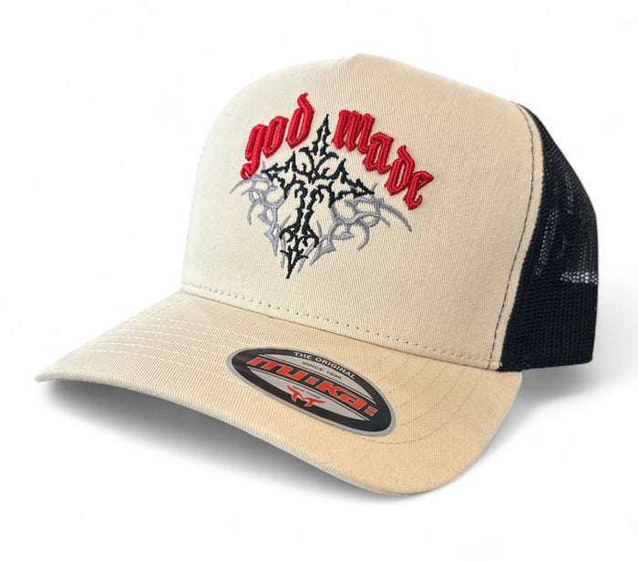 MUKA God Made Trucker Hat in oatmeal and black with mesh back and embroidered front logo, casual accessories for men and women.