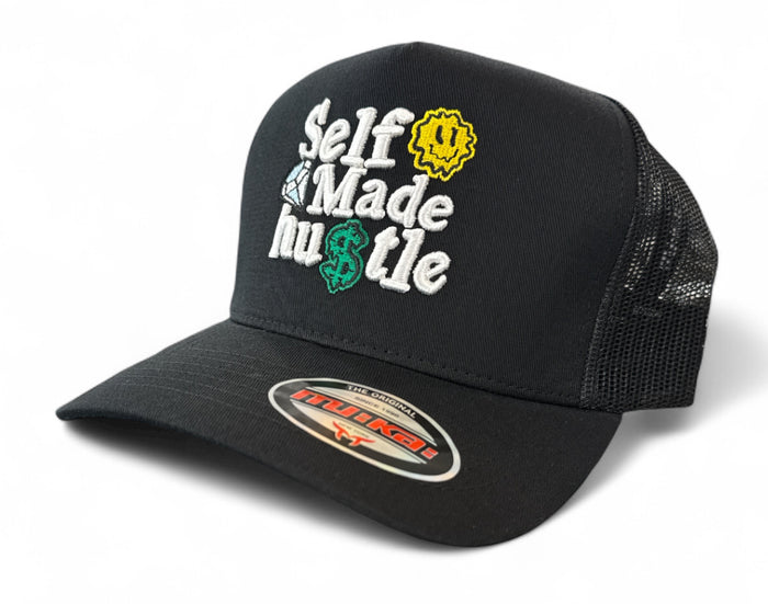 Black MUKA 'Self Made Hustle' trucker hat with mesh back and embroidered front logo, stylish accessory for casual wear.