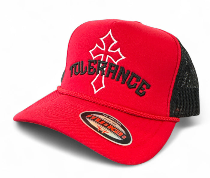 Red and black MUKA Tolerance Cross trucker hat with mesh back and adjustable snap closure.