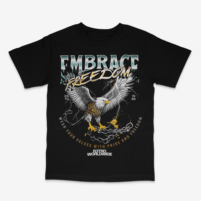 Black R3TRO WORLD "Embrace Freedom" T-shirt with bold graphic design, casual fit, and comfortable fabric.