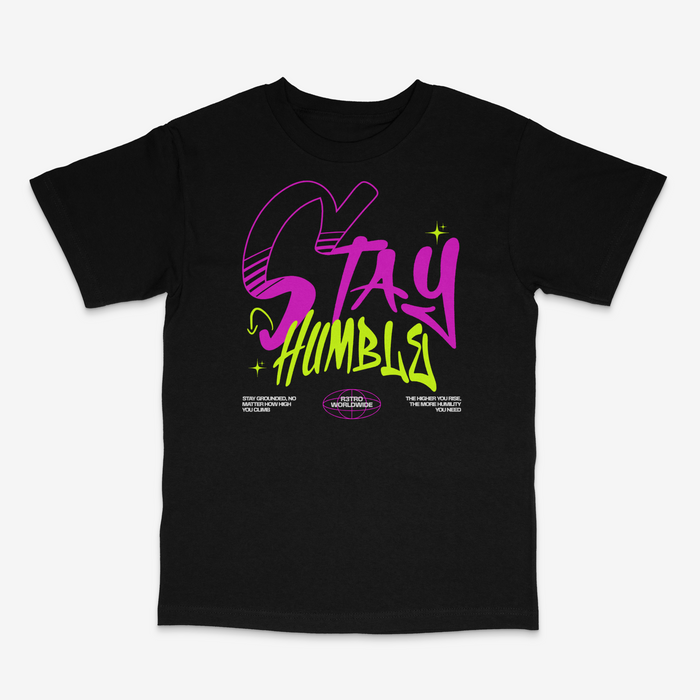 Black R3TRO WORLD Stay Humble T-shirt featuring a front graphic design and casual fit.