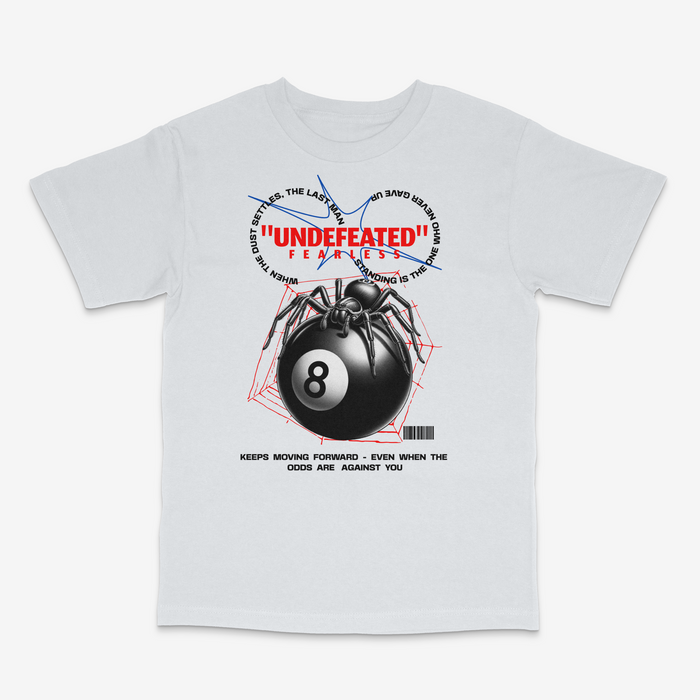 Silver R3TRO WORLD Undefeated T-shirt with bold graphic print, casual fit, and stylish design for streetwear fashion.