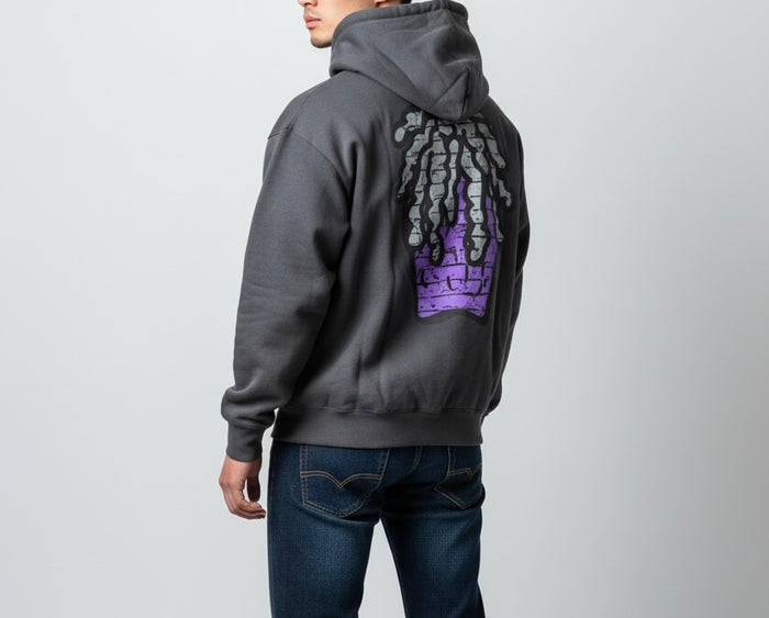 Rebel Minds Big Face Hoodie in charcoal, featuring a large graphic on the front and a cozy, casual fit.