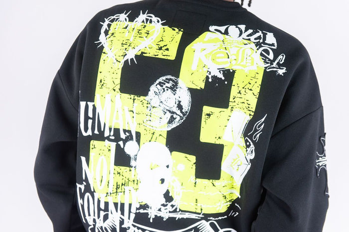 Black Rebel Minds Mask 53 crew sweatshirt, casual crewneck with graphic design, comfortable fit, soft fabric, front view.