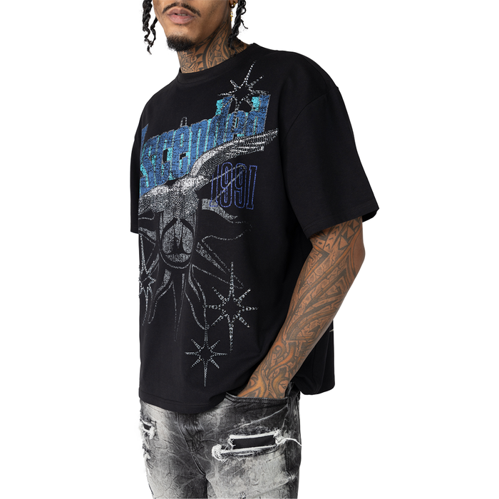 Black Smoke Rise 'Ascended' T-shirt featuring a graphic design, casual fit, and comfortable fabric for everyday wear.