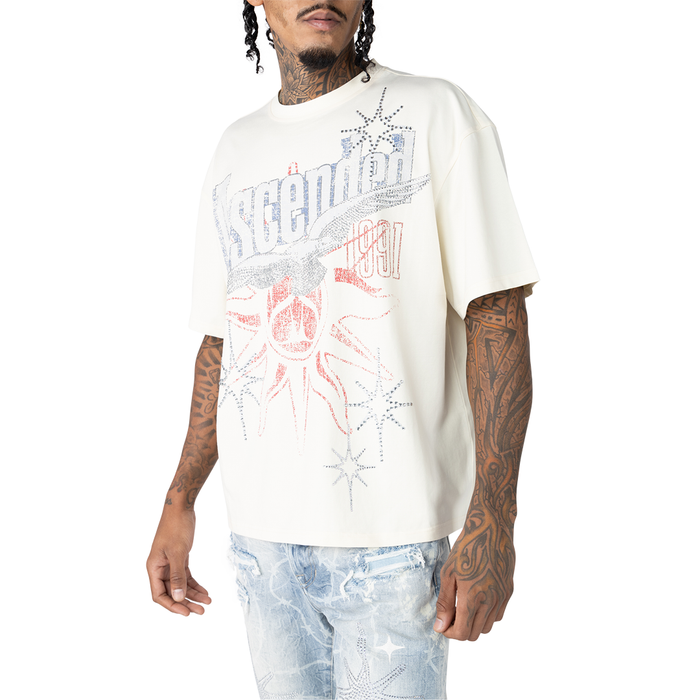 Smoke Rise Ascended Ecru T-shirt with crew neck, soft cotton fabric, and minimalist design, shown on a plain background.
