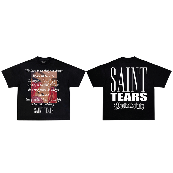 Black WRLDSNTS Risk T-Shirt with bold front graphic, casual fit, and classic crew neckline, made for everyday wear.