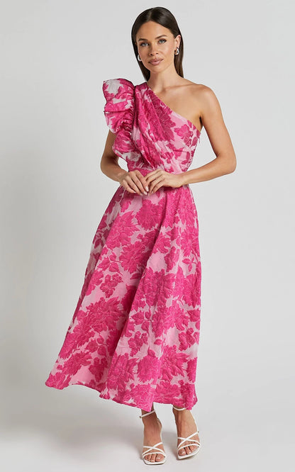 Alfreda Midi Dress - One Shoulder Ruffle Detail Brailey Jacquard Dress in Pink