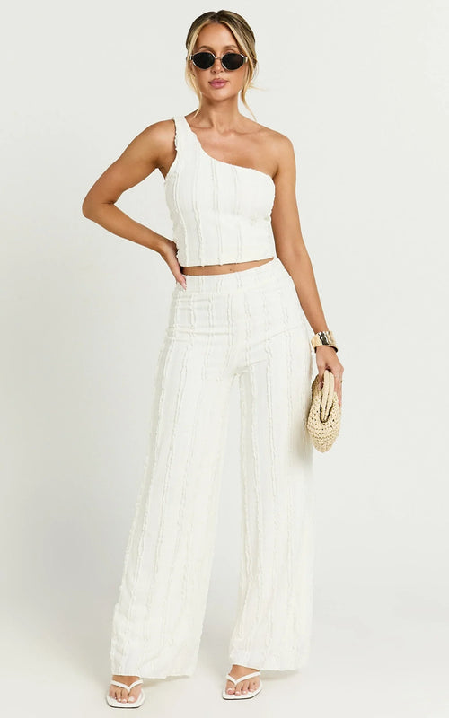 Almarie Pants - Mid Waisted Wide leg Textured Pants in Off White