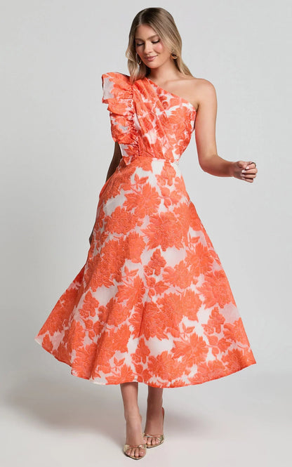 Alfreda Midi Dress - One Shoulder Ruffle Detail Brailey Jacquard Dress in Orange Jacquard