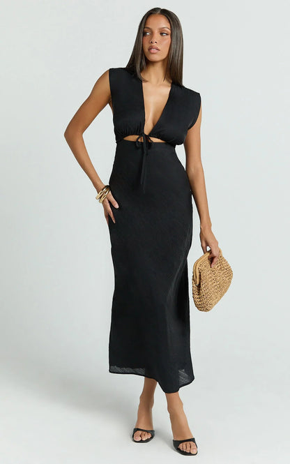 Beatrice Midi Dress - Plunge Neck Tie Cut Out Front Dress in Black