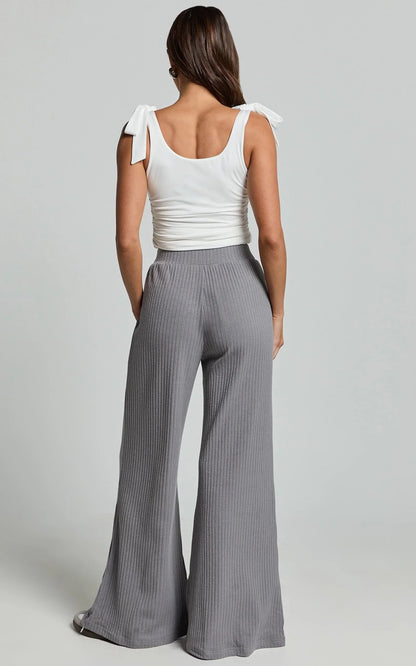 Adriana Pants - Ribbed High Waist Wide Leg Pants in Slate Grey