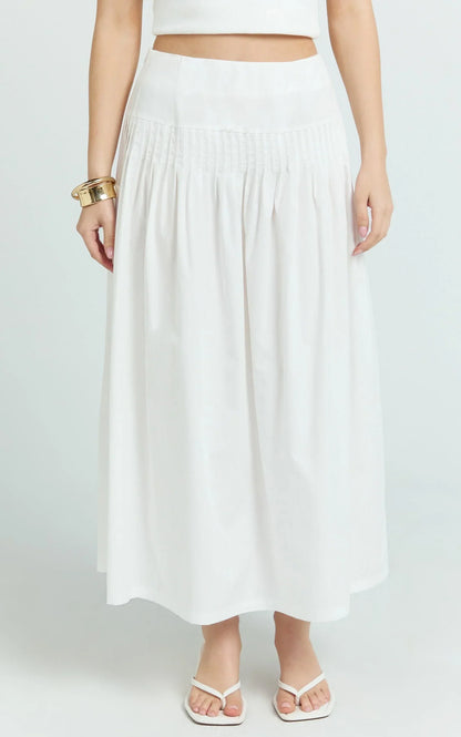 Auburn Maxi Skirt - Poplin Pintucked A Line Skirt in Ivory