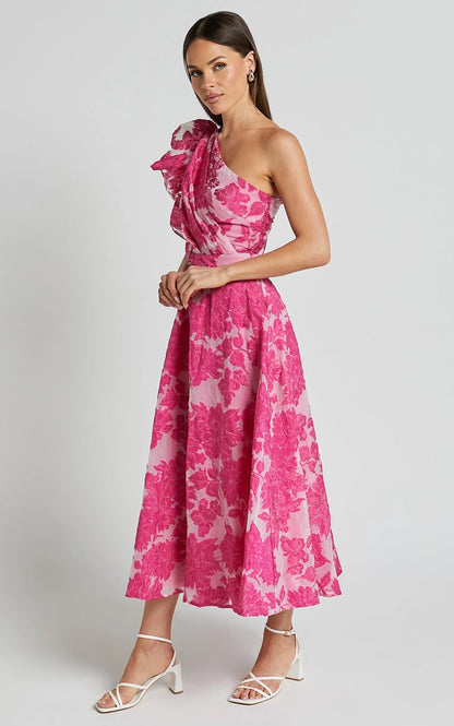 Alfreda Midi Dress - One Shoulder Ruffle Detail Brailey Jacquard Dress in Pink