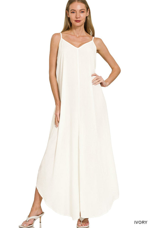Zenana Woven Crinkle Cami Maxi Dress with Side Pockets