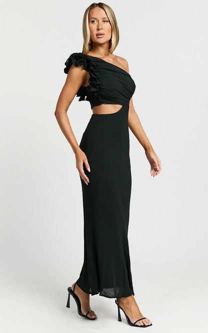 Anessa Midi Dress - One Shoulder Ruffle Detail Side Cut Out Dress in Black