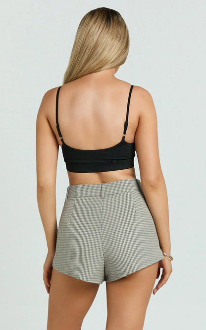 Angela Shorts - High Waist Micro Mini Shorts in Beige Check