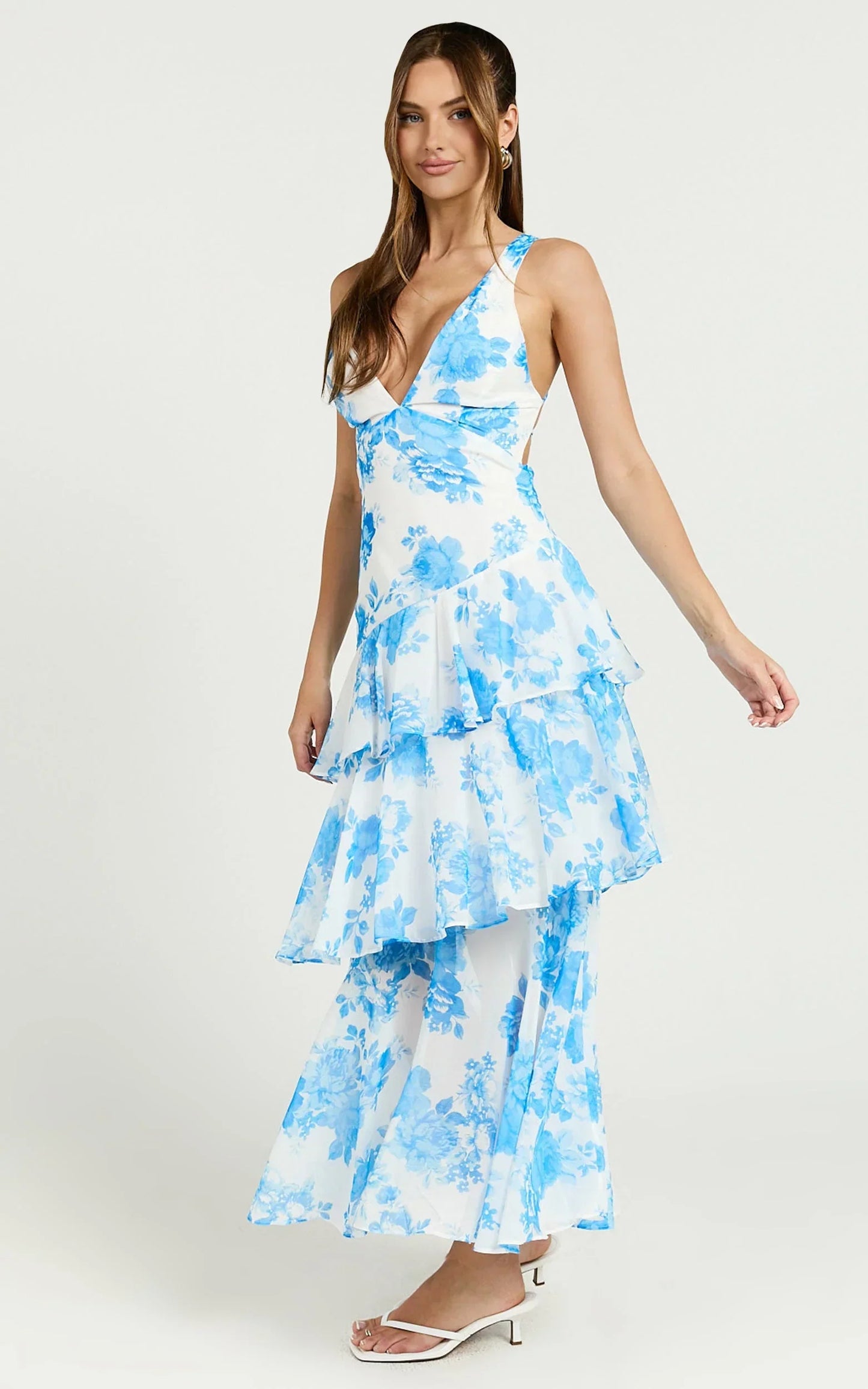 Beryl Midi Dress - Deep V Neck Sleeveless Layered Dress in Blue Floral