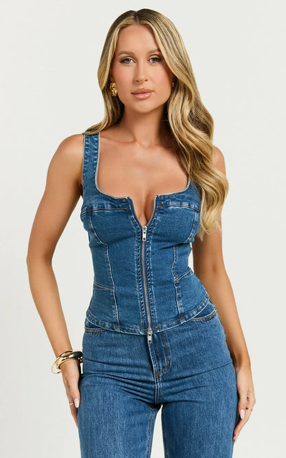 Bellerose Top - Front Zip Denim Fitted Top in Dark Blue Wash