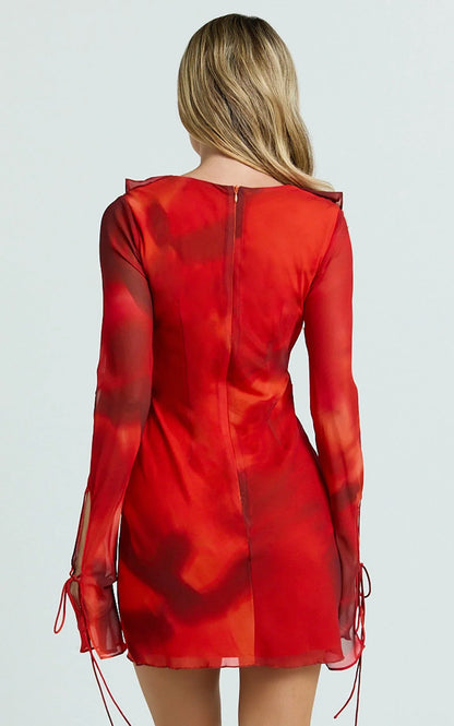Alesya Mini Dress - Ruffle Plunge Neck Long Sleeve Tie Detail Dress in Abstract Adeana Print