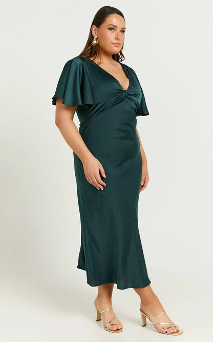 Amartina Midi Dress - V Neck Twist Bodice Flutter Sleeve Dress in Forest Green