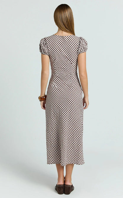 Bernice Midi Dress - Gingham Scoop Neck A Line Dress in Chocolate Gingham
