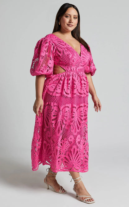 Anieshaya Midi Dress - V Neck Cut Out Lace Dress in Pink