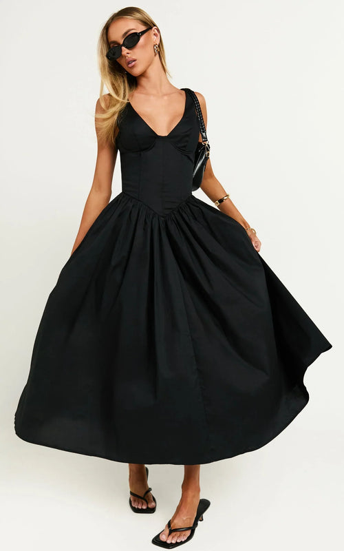 Beckett Midi Dress - Scoop Neck Drop V Waist Gathered Skirt Dress in Black