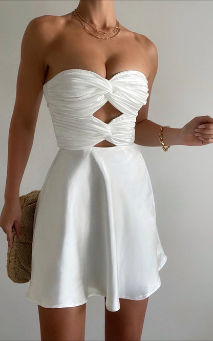 Almaeh Mini Dress - Twist Front Cut Out Strapless Slip Dress in White
