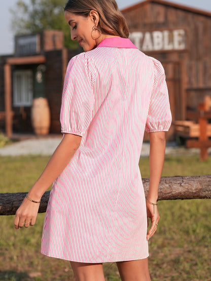 Stripe Color Block Patchwork Shirt Collar Button Down Puff Sleeve Mini Dress