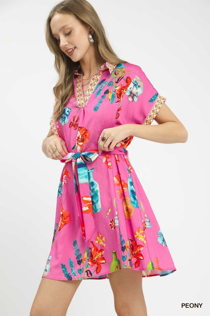 Umgee Floral Print Mini Dress with Belt