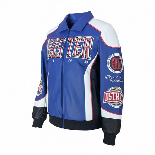 Royal blue 8IGHTH/DSTRKT 'Master Mind' varsity jacket with contrast sleeves and embroidered logo, casual streetwear style.