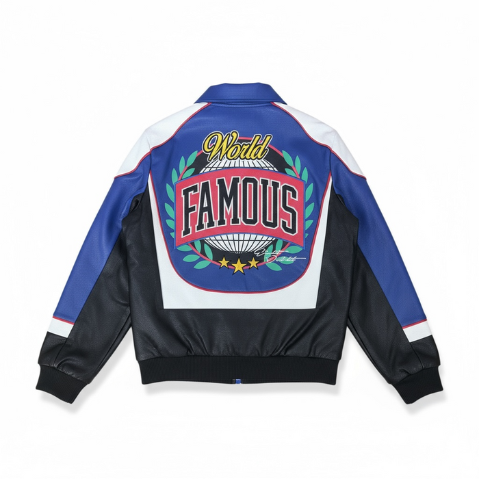 Royal blue 8IGHTH/DSTRKT Master Mind varsity jacket with contrasting sleeves and embroidered logo details.