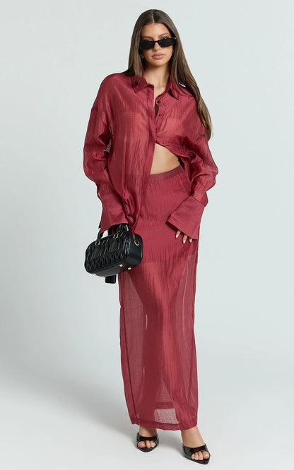 Amalia Midi Skirt - Sheer Ankle Length Pencil Skirt in Cherry