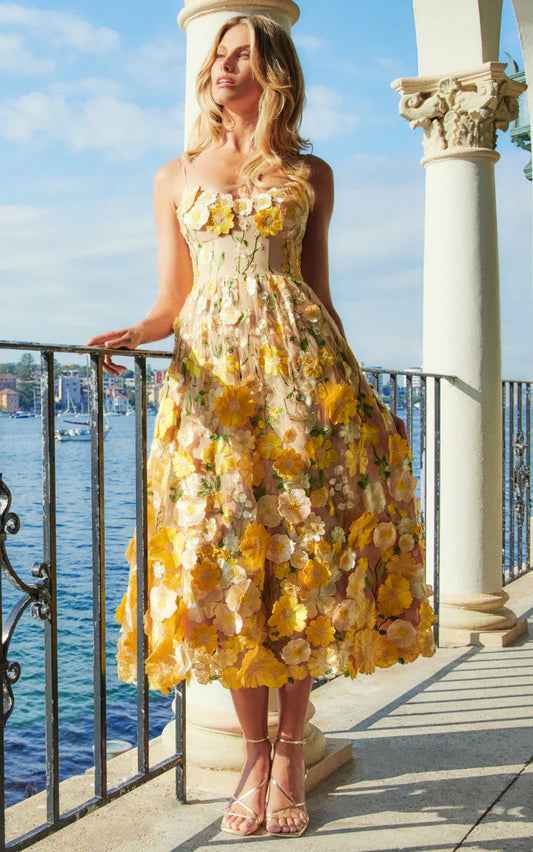 Amalie The Label - Mia Strappy Flower Detail Midi Dress - In Yellow