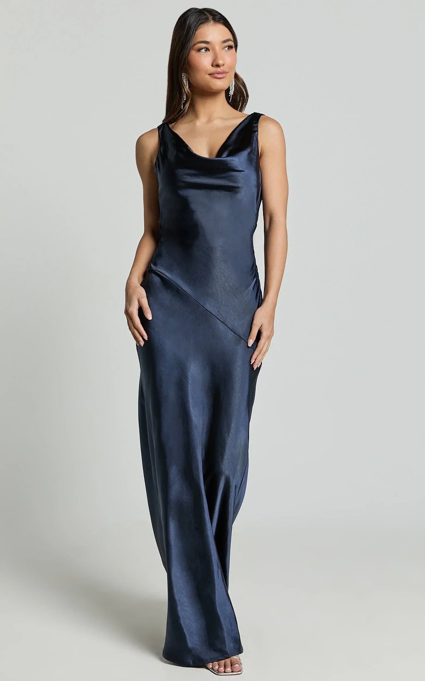 Adilah Maxi Dress - Cowl Neck Satin Dress in Navy