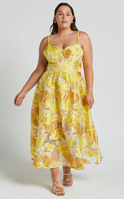 Brailey Midi Dress - Aline Corset Detail Dress in Yellow