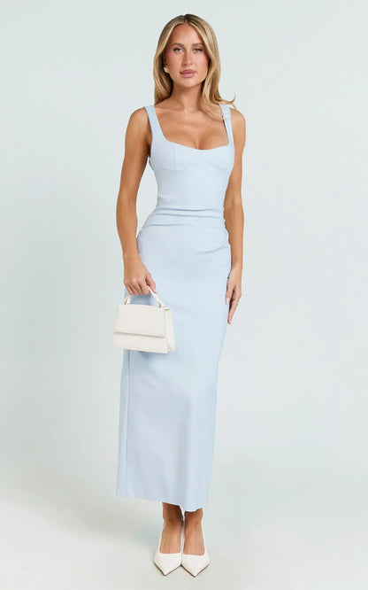 Benita Midi Dress - Scoop Neck Ruched Fitted Dress in Blue