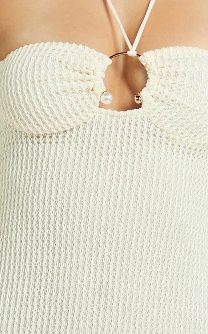 Blaire Midi Dress - Strappy Ruched Front Column Fitted Textured Jersey Dress in Off White