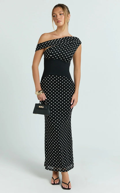 Ava Midi Dress - Asymmetrical Neckline Dress in Black