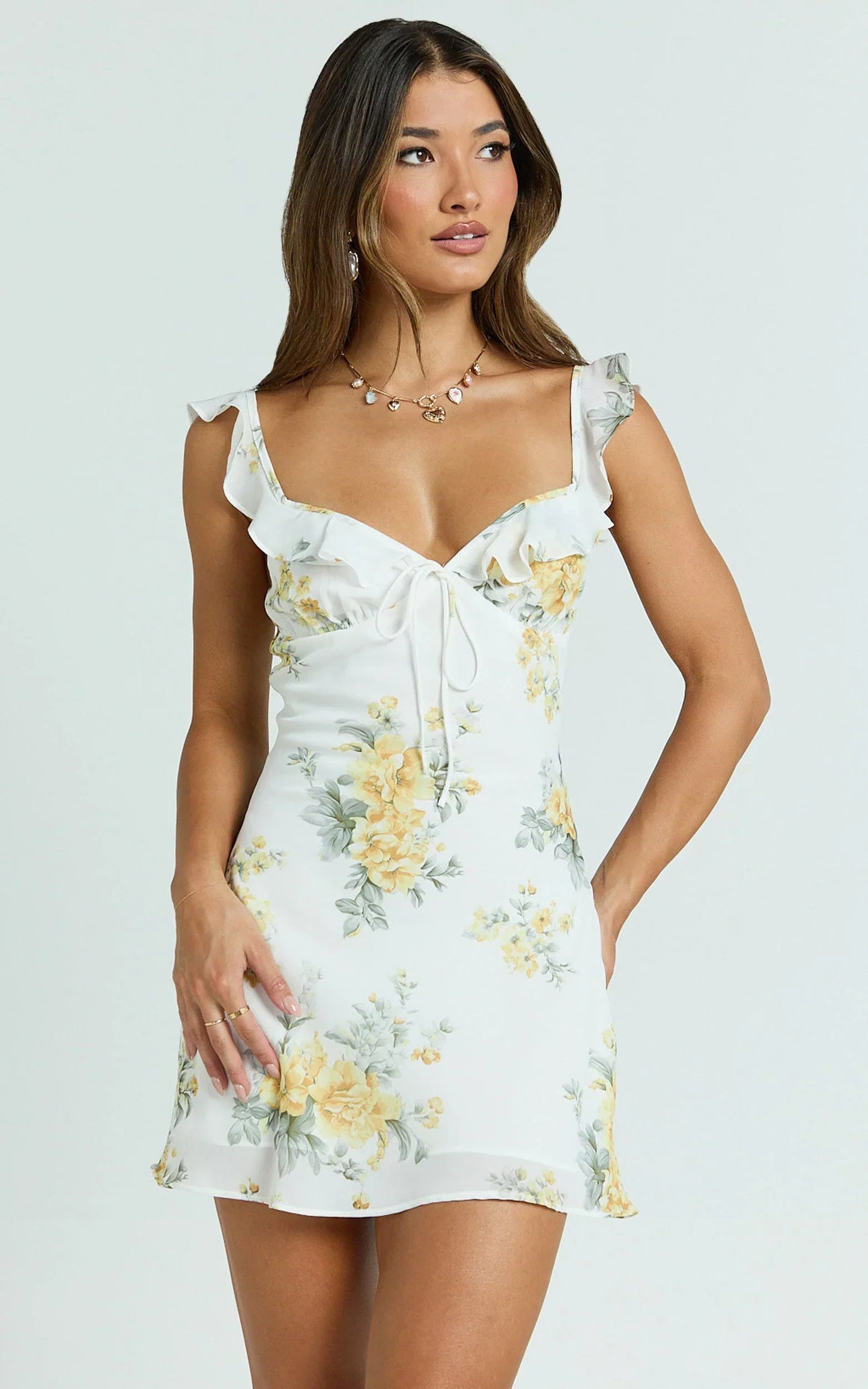 Azra Mini Dress - Georgette Frill Shoulder Sweetheart A Line Dress in Antique Florals
