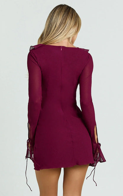 Alesya Mini Dress - Ruffle Plunge Neck Long Sleeve Tie Detail Dress in Wine