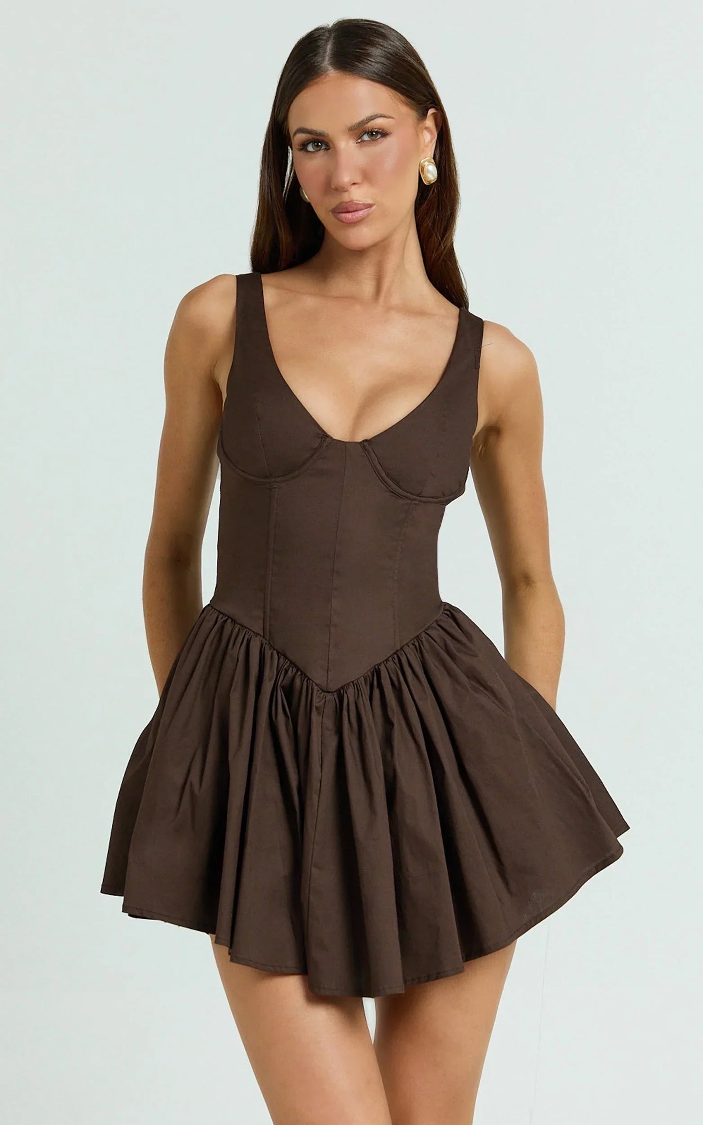 Ashlyn Mini Dress - Scoop Neck V Waist Gathered Dress in Chocolate