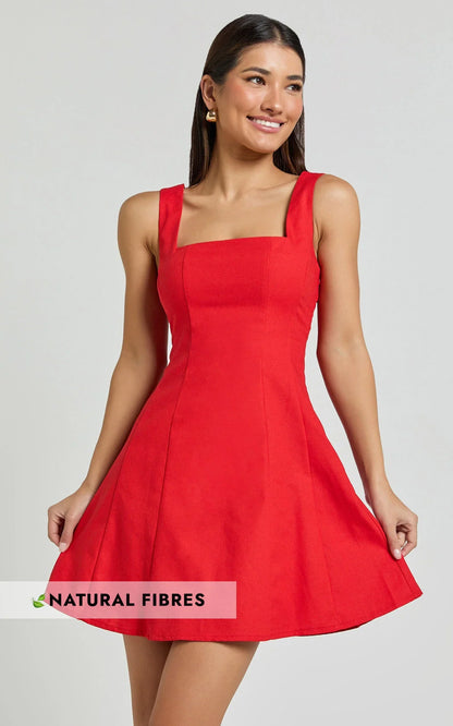 Adiana Mini Dress - Linen Square Neck Shirred Back A Line Dress in Red