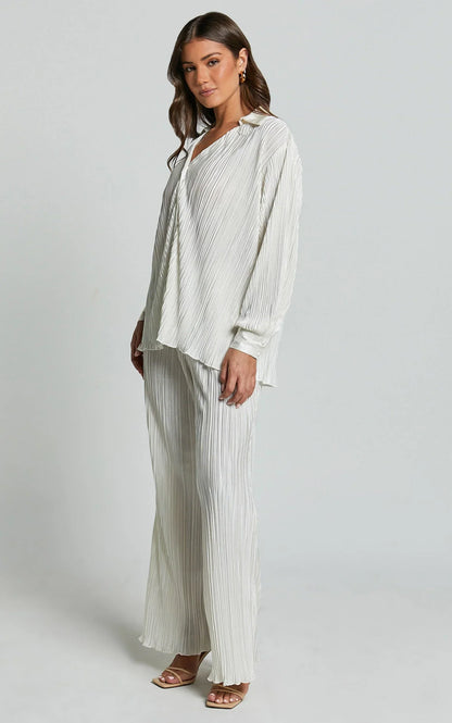 Beca Shirt - Plisse Button Up Shirt in Cream